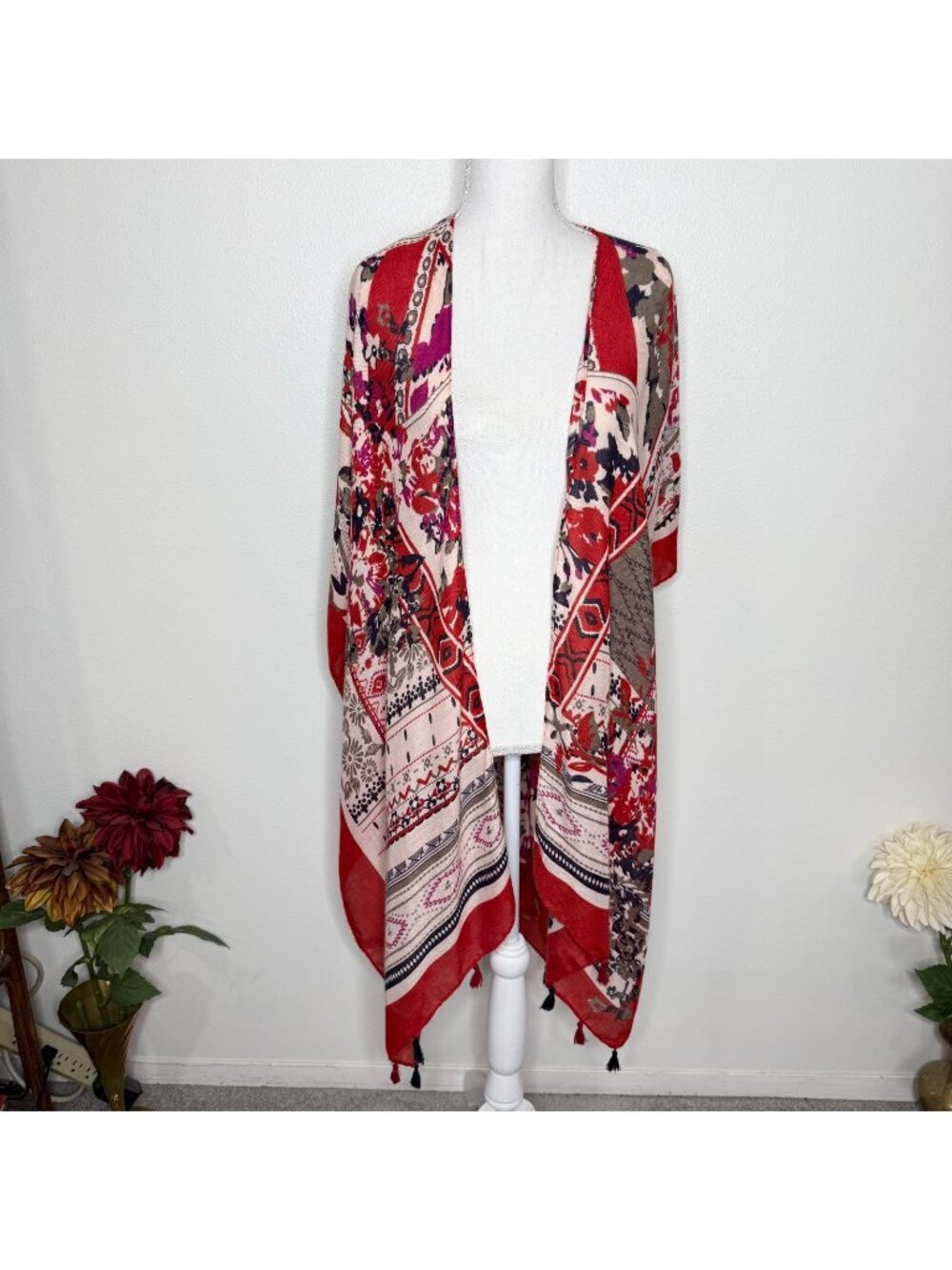 Anthropologie Woven Heart Floral Kimono Cardigan Boho Hippie Cottagecore Tassels